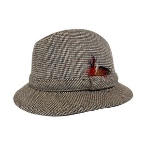 Vintage Brown Tweed Hat with Red Feather Accent